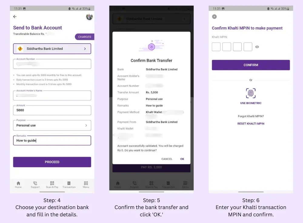 screenshot of steps to send money using khalti app choose destination bank fill in details confirm transfer enter MPIN and confirm