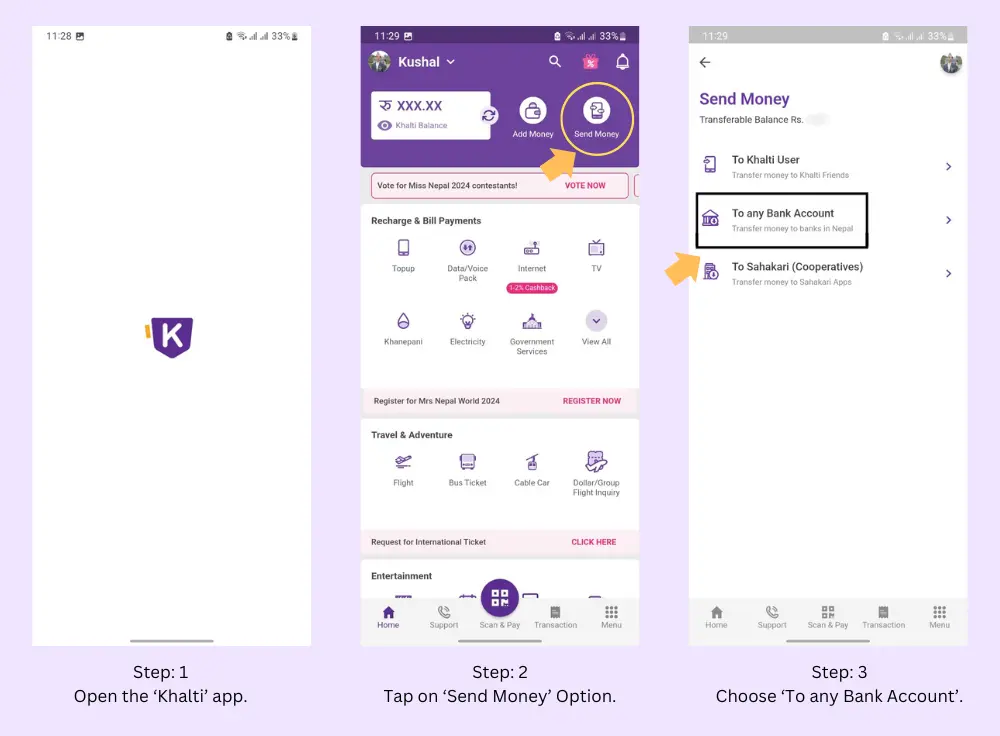 screenshot of steps to send money using khalti app open app tap send money choose to any bank account
