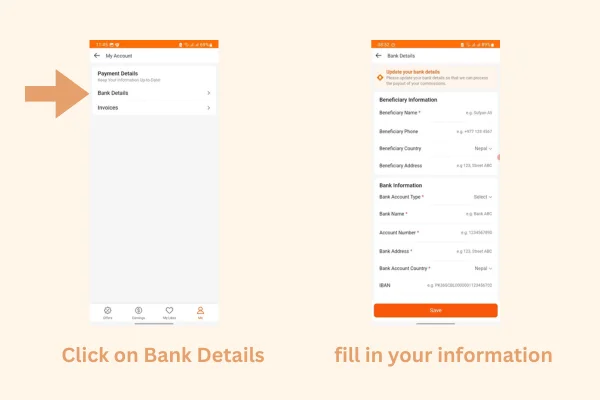 click on bak details and fillin your information