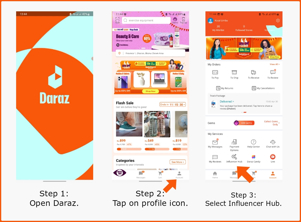 steps 1 3 open daraz tap profile select influencer hub