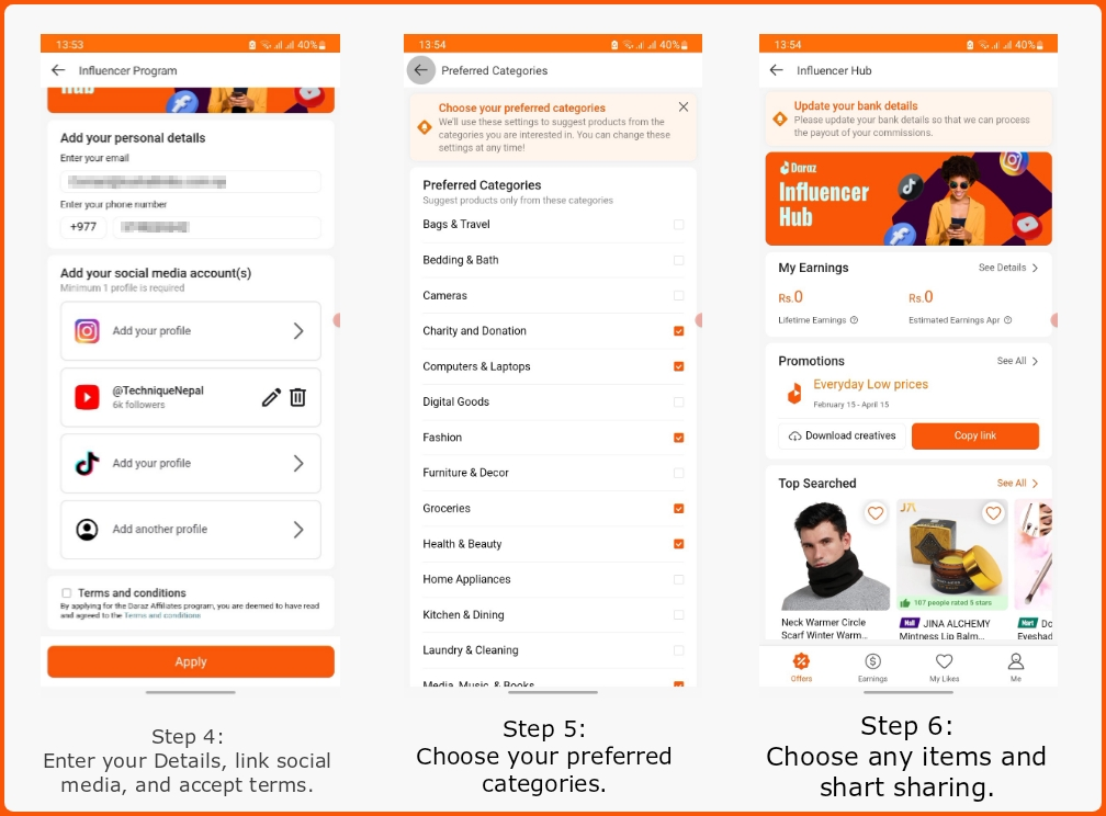 steps 4 6 enter details choose categories start sharing