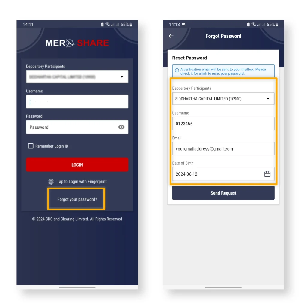 step1 open mero share app go to forget password fillup the details submit
