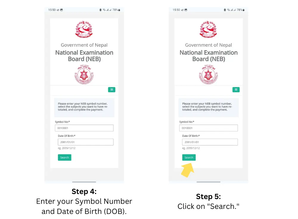 enter symbol number dob click search