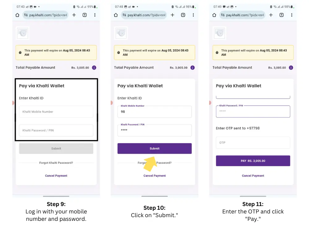 log in mobile number password click proceed enter otp click pay