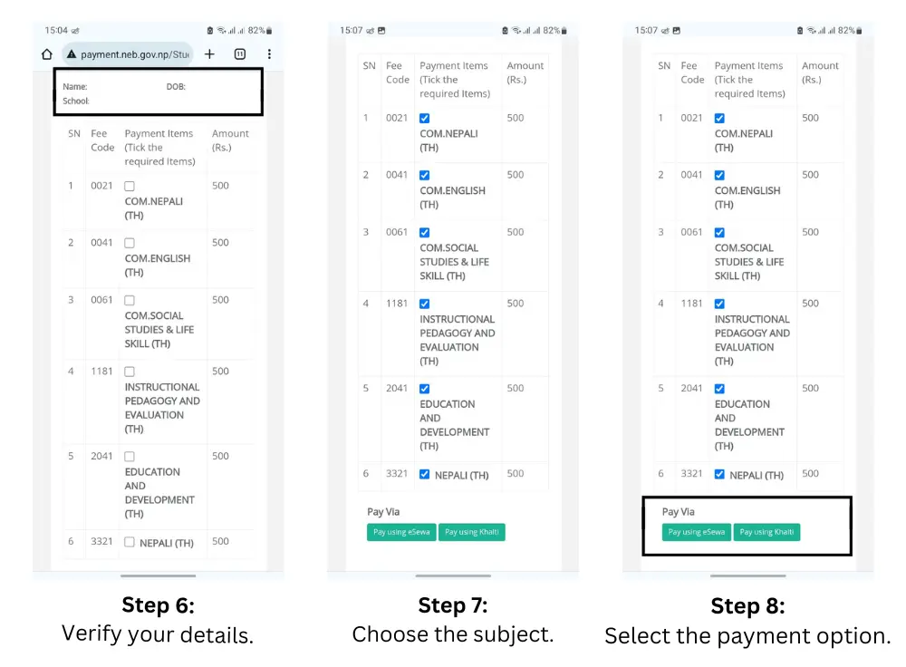 verify details choose subject select payment option