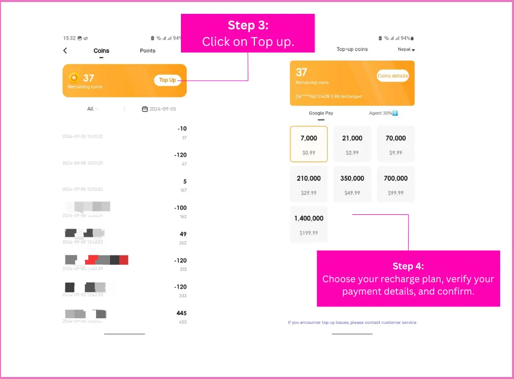 click on topup, choose your recharge plan, verify your payment details, and confirm.