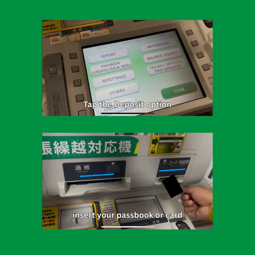 press deposit insert passbook or card